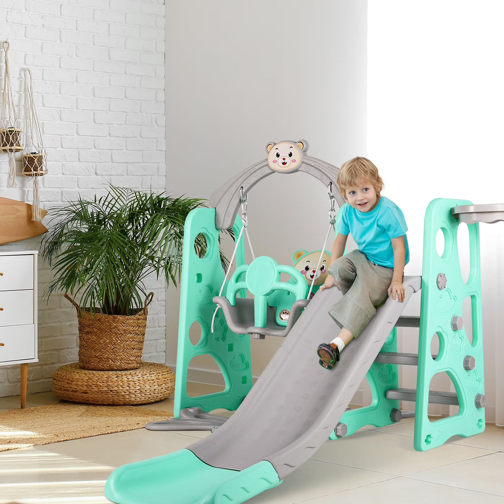 4 in 1 Kids Slide and Swing Set Toddler Play Climber with Basketball Hoop Indoor Outdoor Playground Q574999