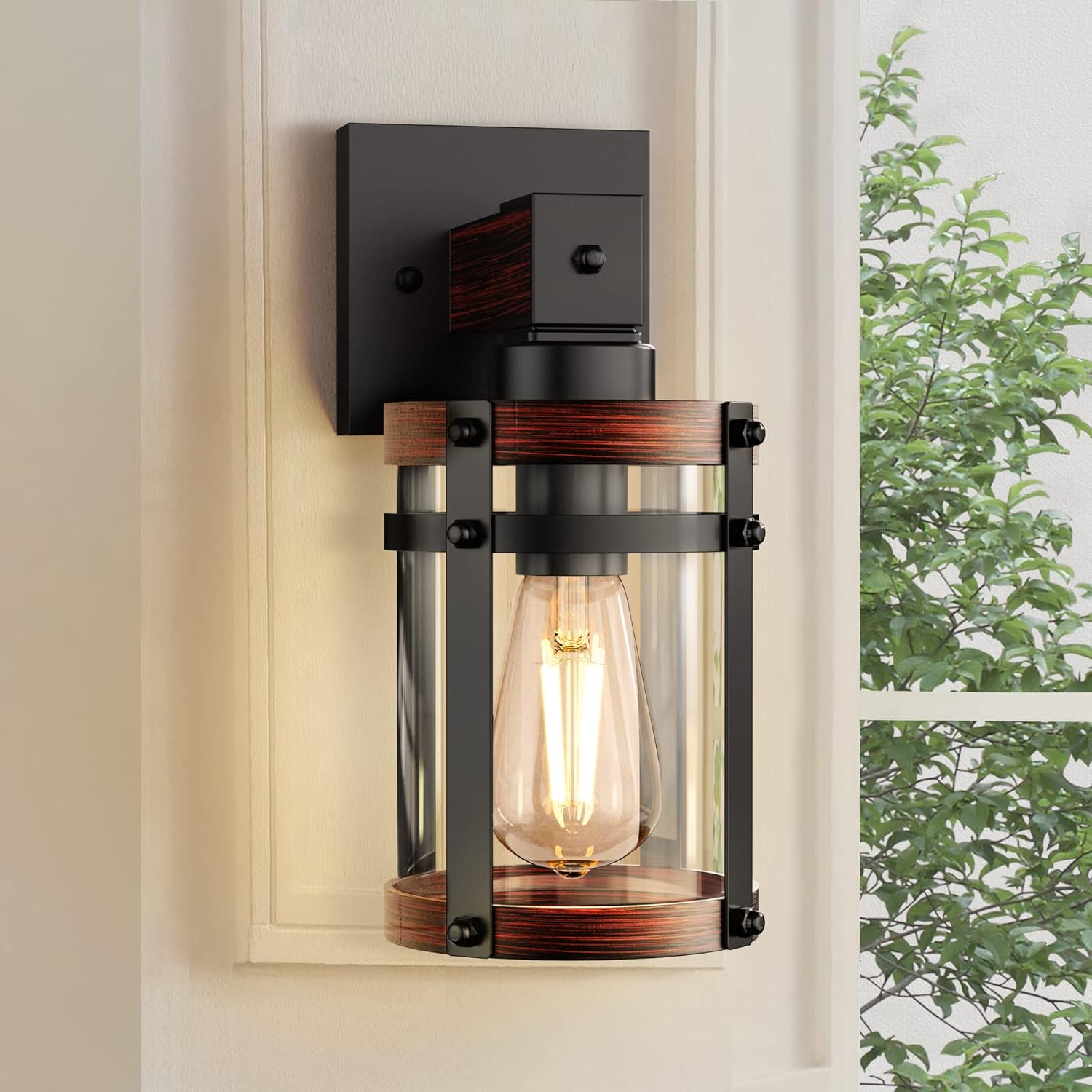 Rustic Wall Sconce 1-Light Wood Grain Black with Clear Glass Shades A998
