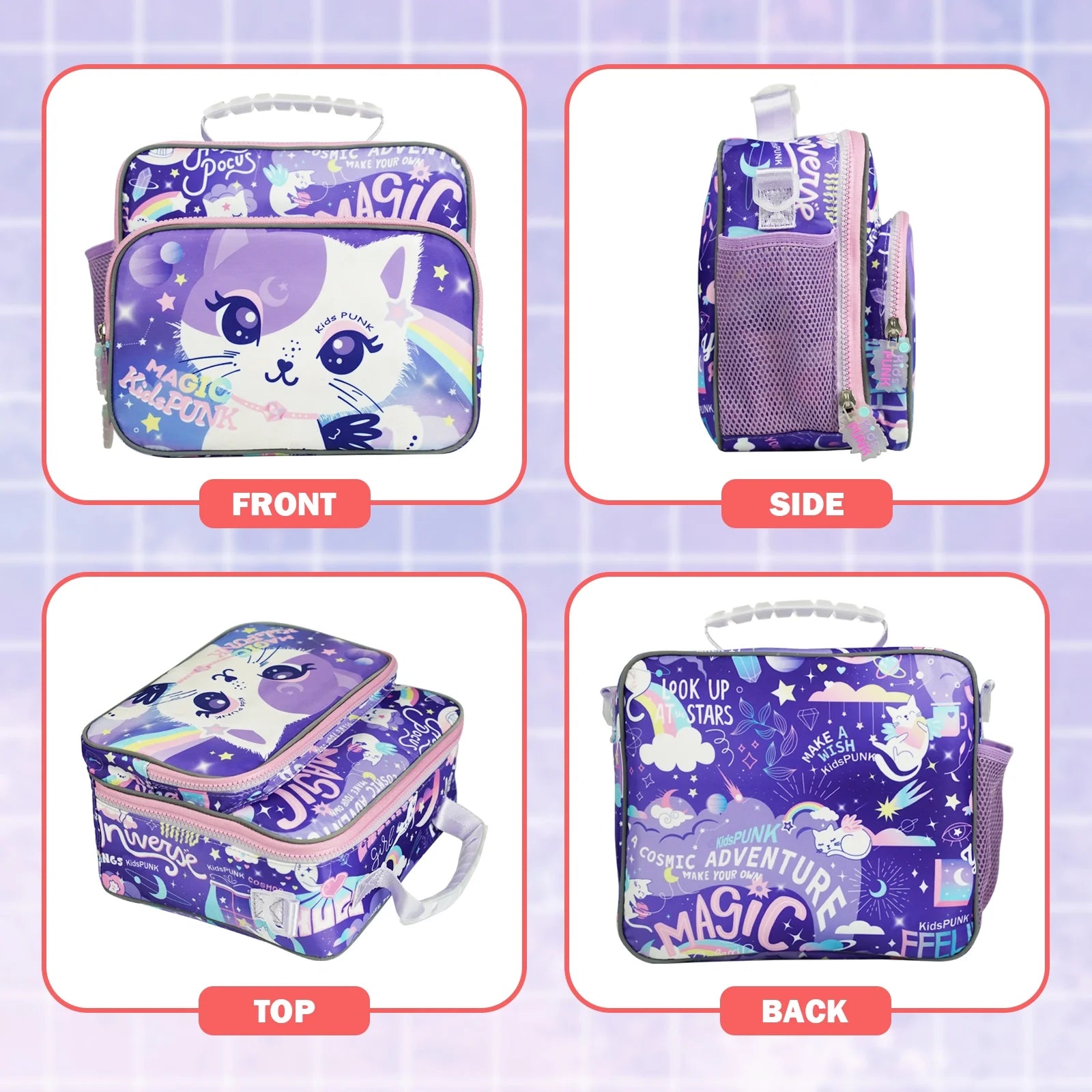 Insulated Lunch Bag for Girls School Cute Cat Waterproof with Adjustable Strap G143