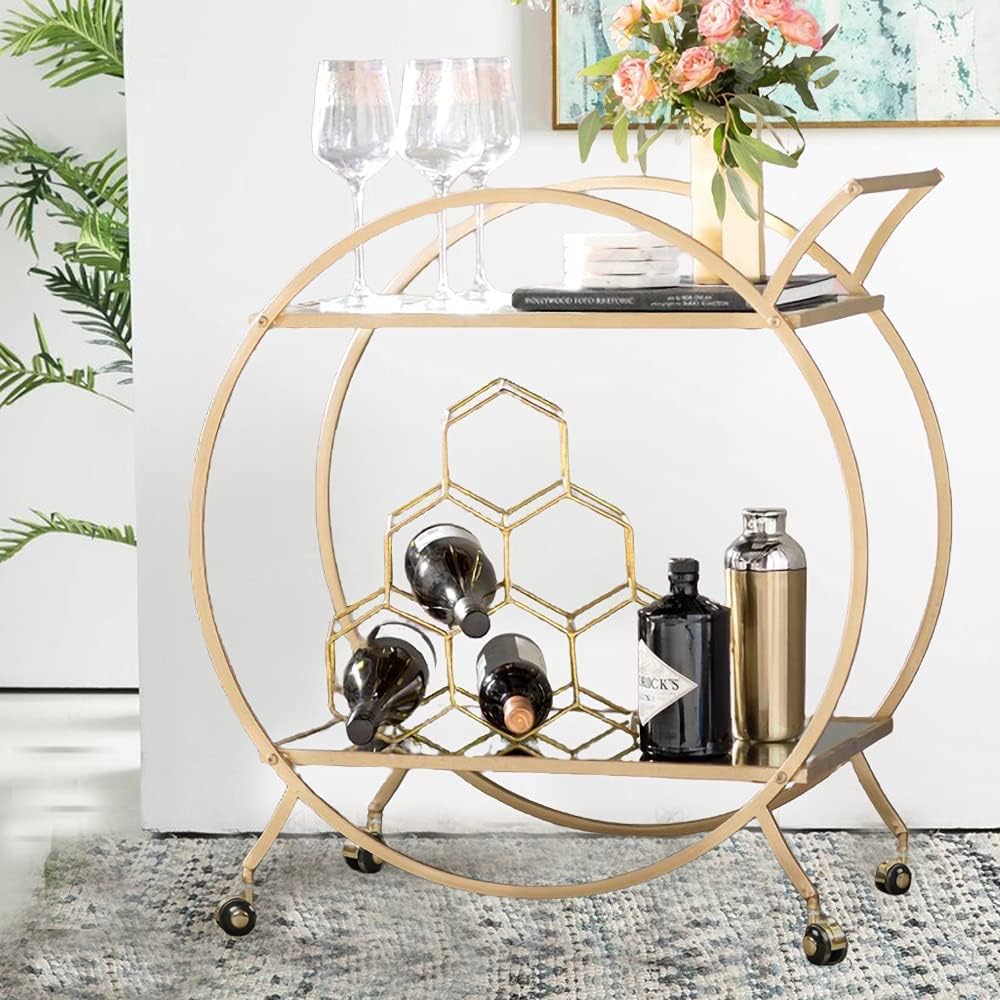Gold Bar Cart with 2 Mirrored Glass Shelves E14441