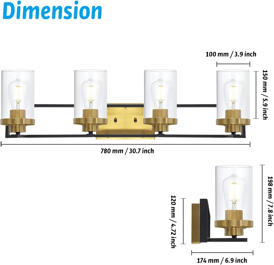 4 Light Brushed Brass and Black Metal Vanity Light with Clear Glass Shade C59513
