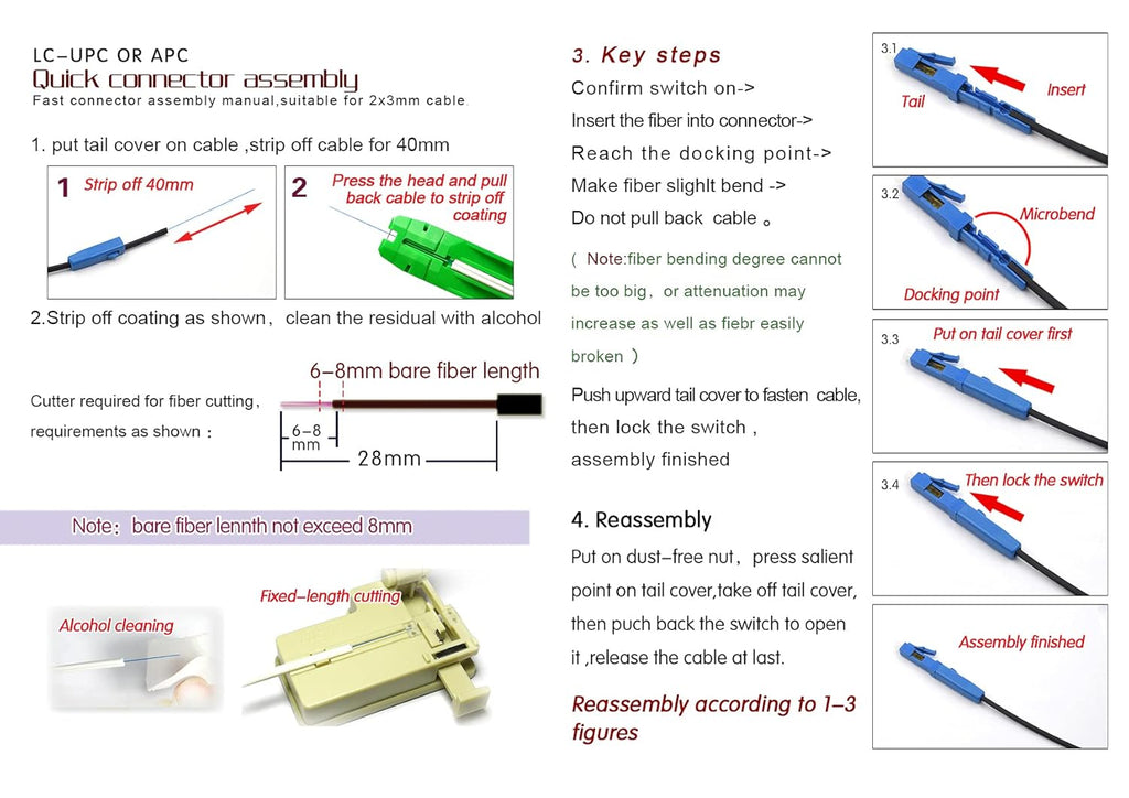 10pcs LC UPC Fiber Optic Quick Connector with Matched Tools Single Mode 9/125 for 900um Cable M60878
