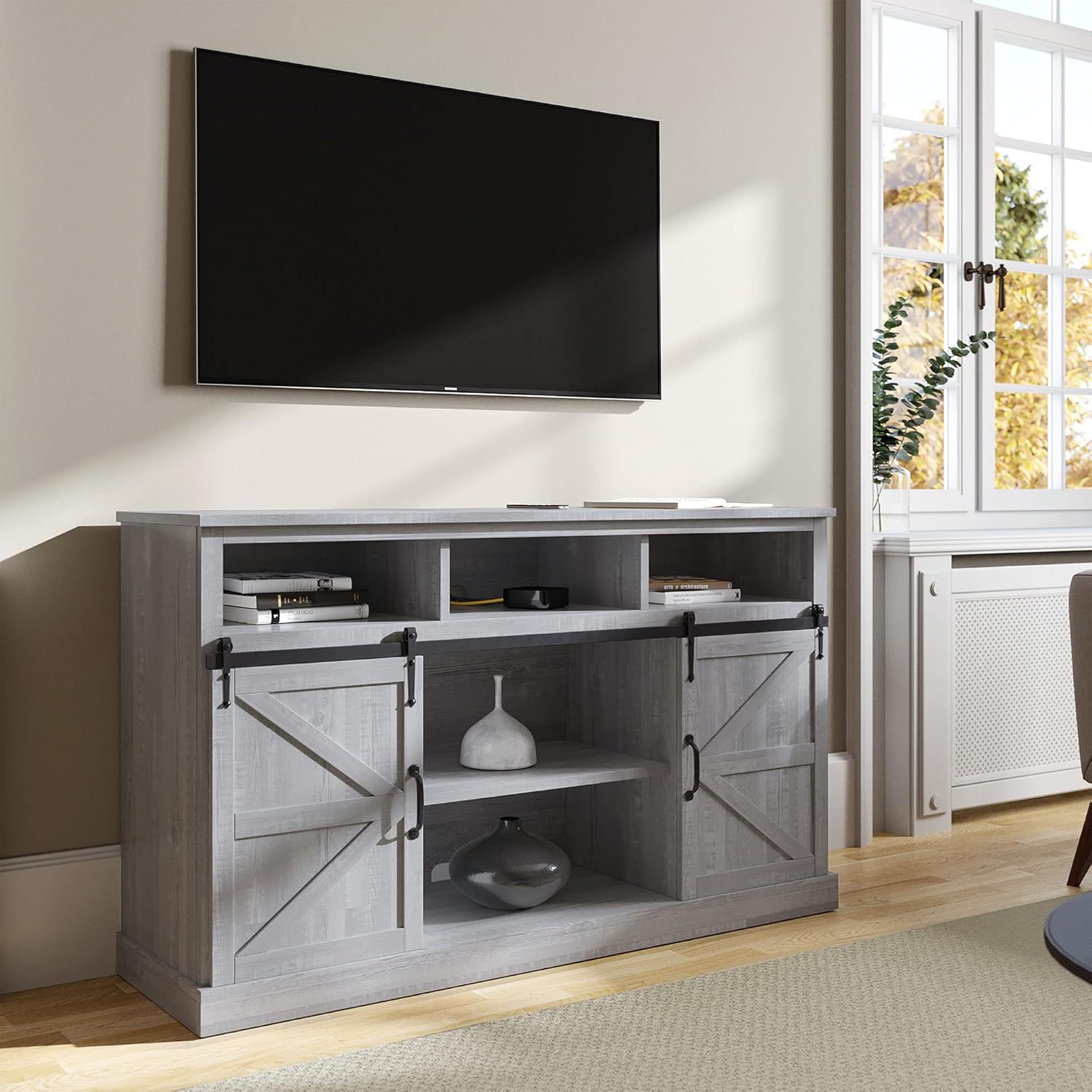 Stone Grey TV Stand with Sliding Barn Door and Storage Cabinets W98388