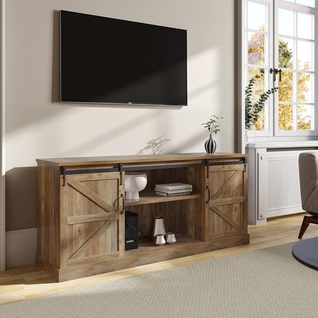 Stone Grey TV Stand with Sliding Barn Door and Storage Cabinets W98388