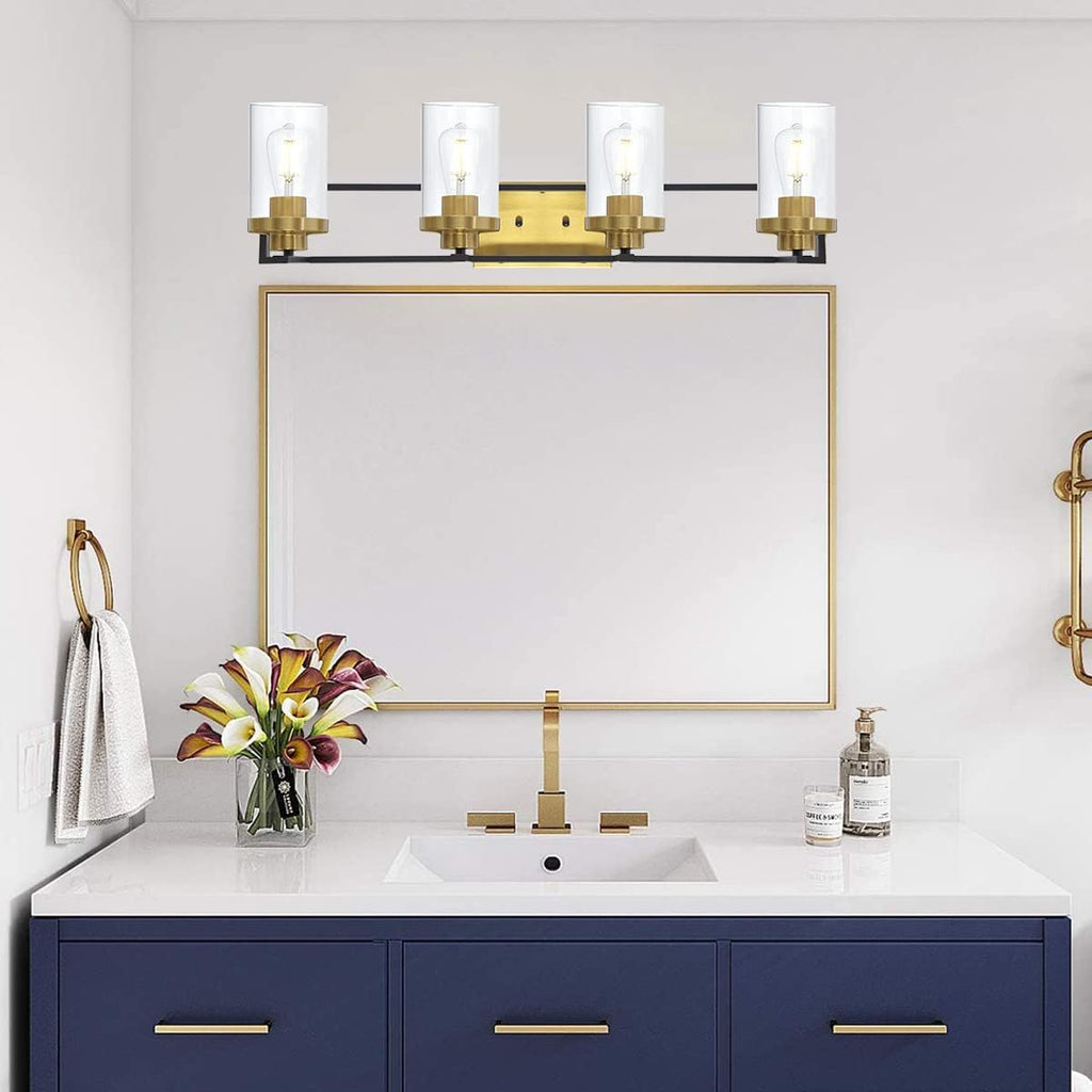 4 Light Brushed Brass and Black Metal Vanity Light with Clear Glass Shade C59513