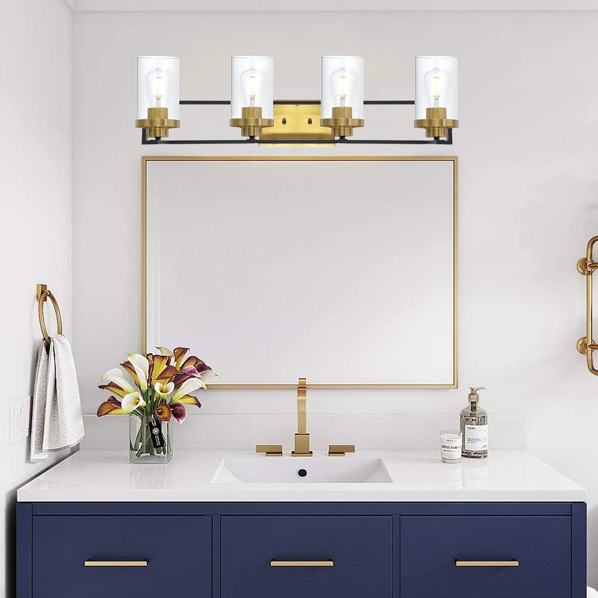 4 Light Brushed Brass and Black Metal Vanity Light with Clear Glass Shade C59513