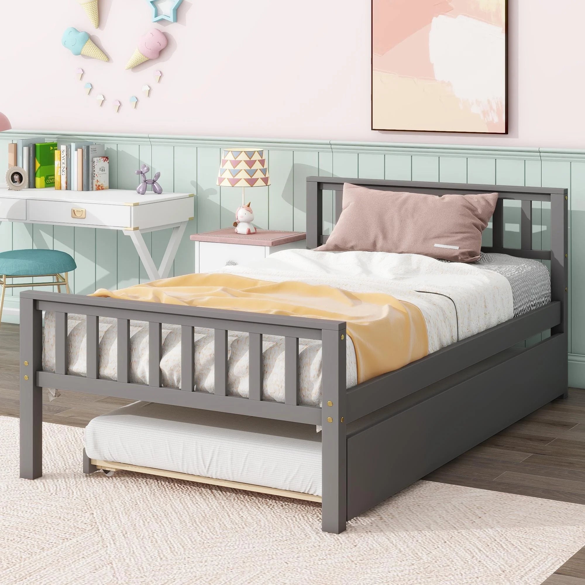 Gray Twin Size Wood Platform Bed with Trundle N3634