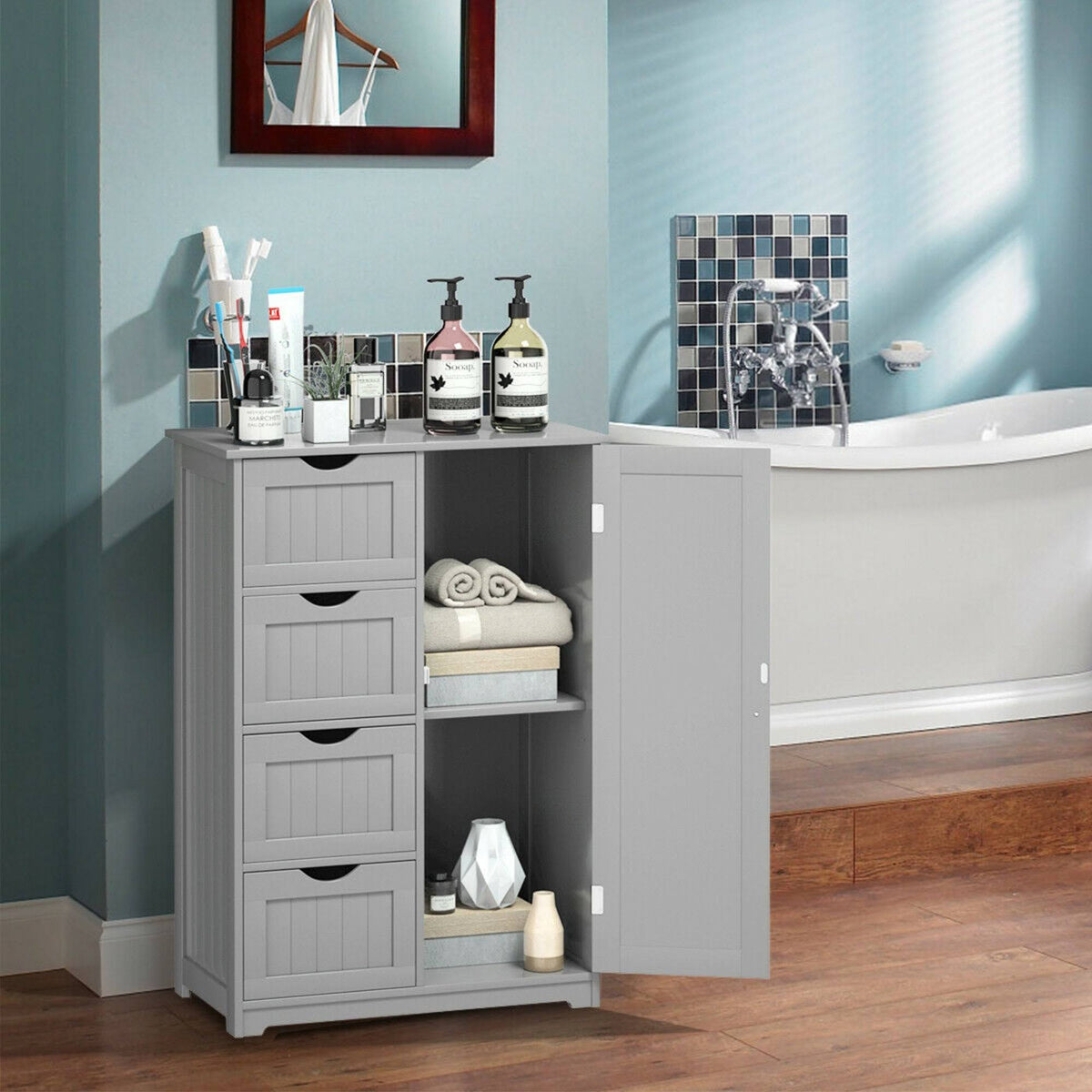Grey Wooden 4 Drawer Bathroom Floor Cabinet E557