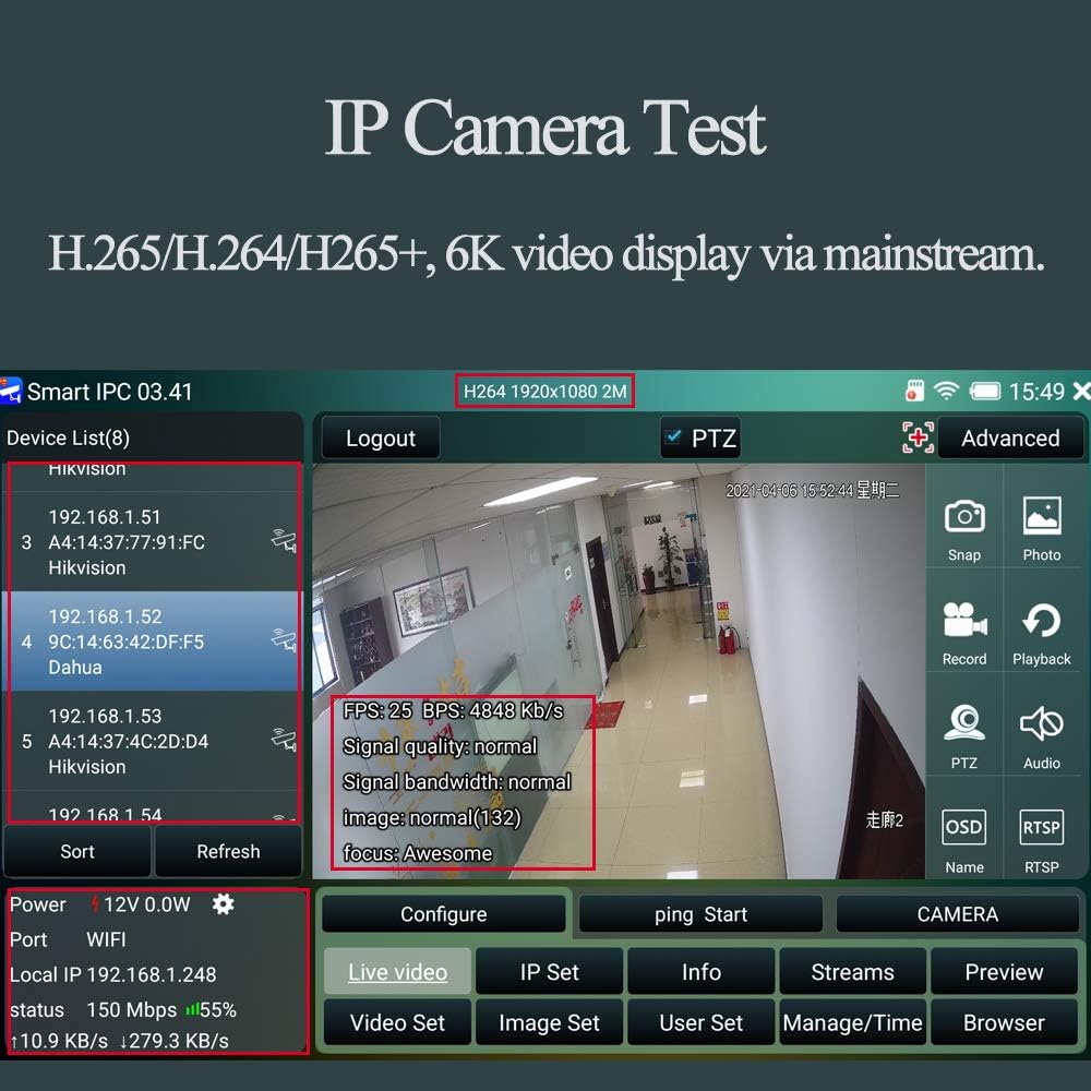 7 Inch CCTV Tester with PoE, HDMI, WiFi, PTZ A4106