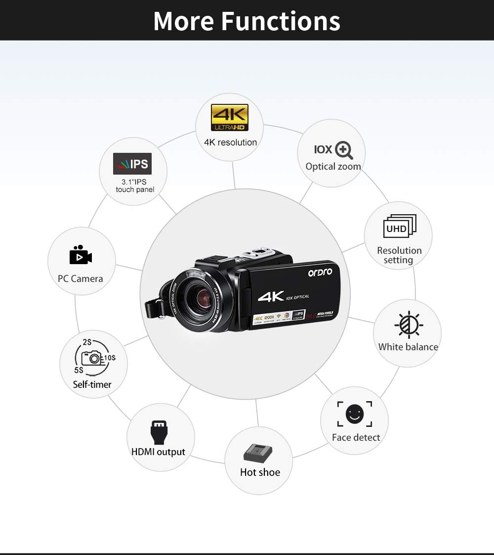 4K Camcorder 10X Optical Zoom WiFi Video Camera 120X Zoom Digital Camera 3.1 IPS Touch Screen C708653