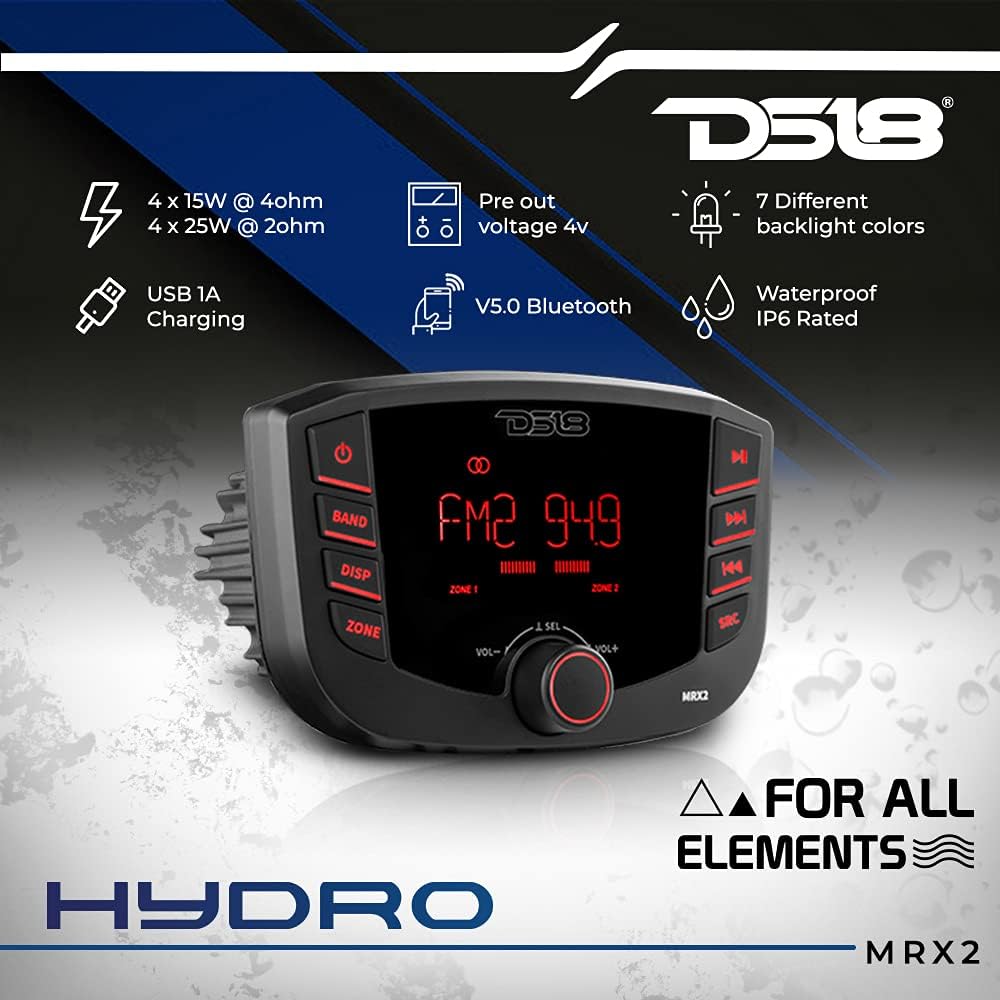 Marine and Powersports Headunit Media Center Receiver with AM/FM Radio, USB and Bluetooth, LCD Screen, 2 Zones, 4 Volts Output, 4X40 Watts R461847