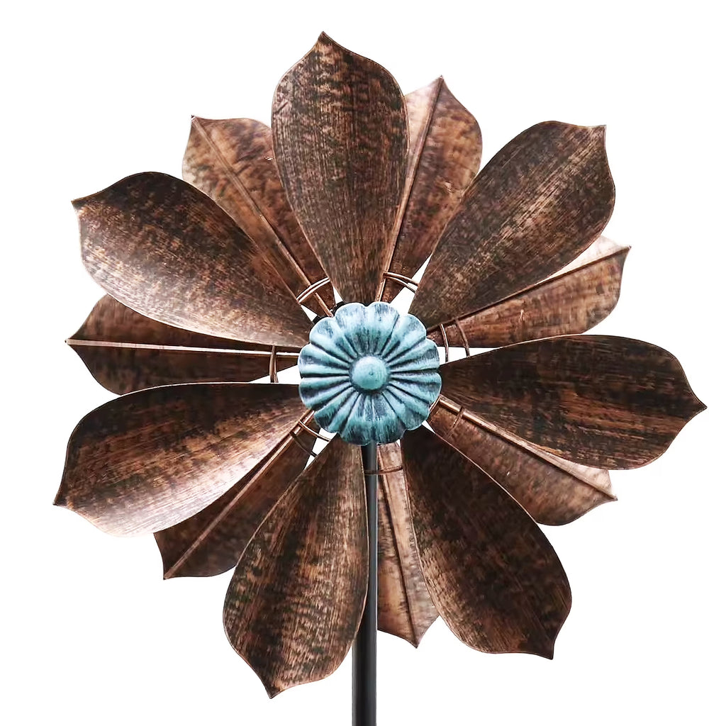 60 inch Metal Wind Spinner with Bronze Leaves and Blue Flower Core O61637