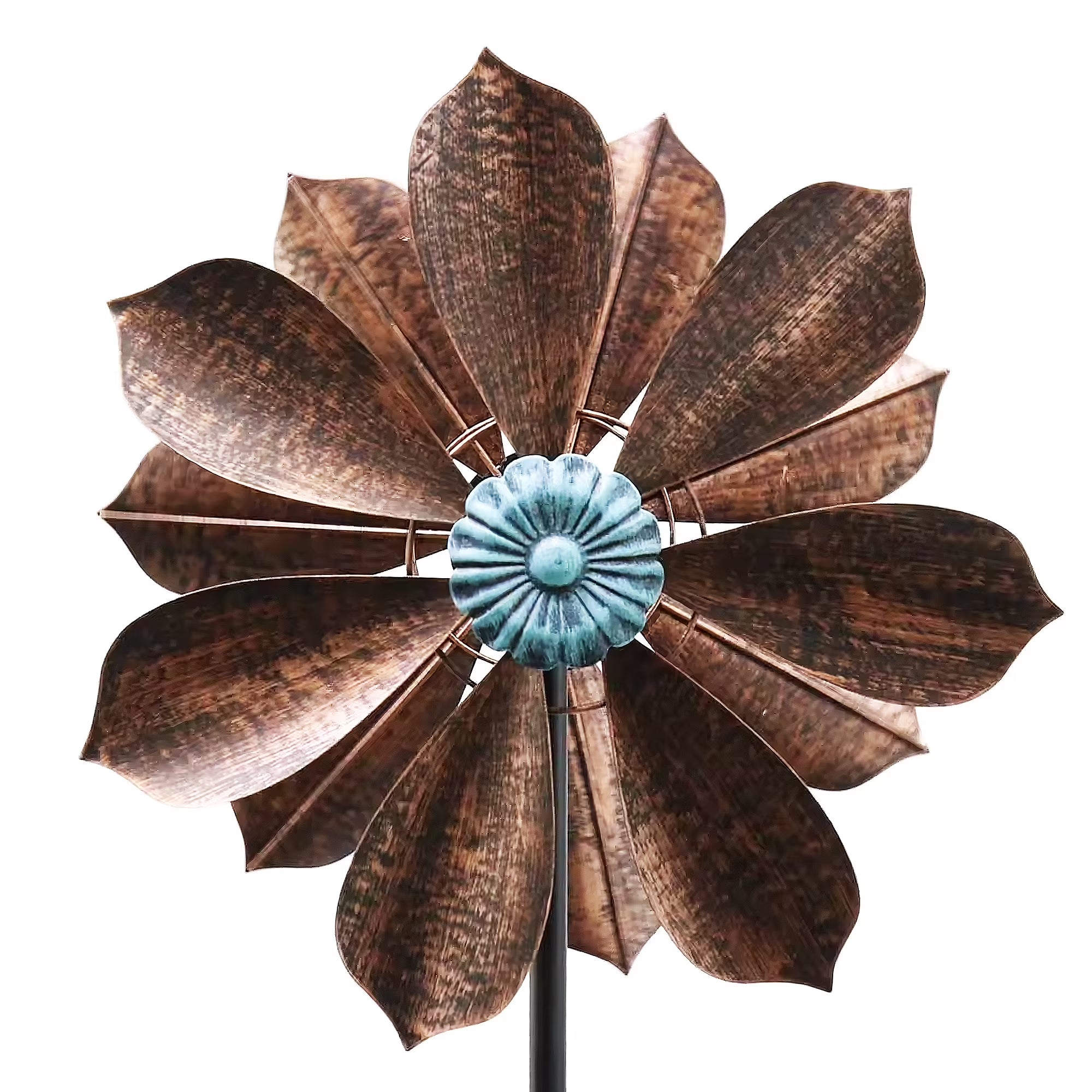 60 inch Metal Wind Spinner with Bronze Leaves and Blue Flower Core O61637