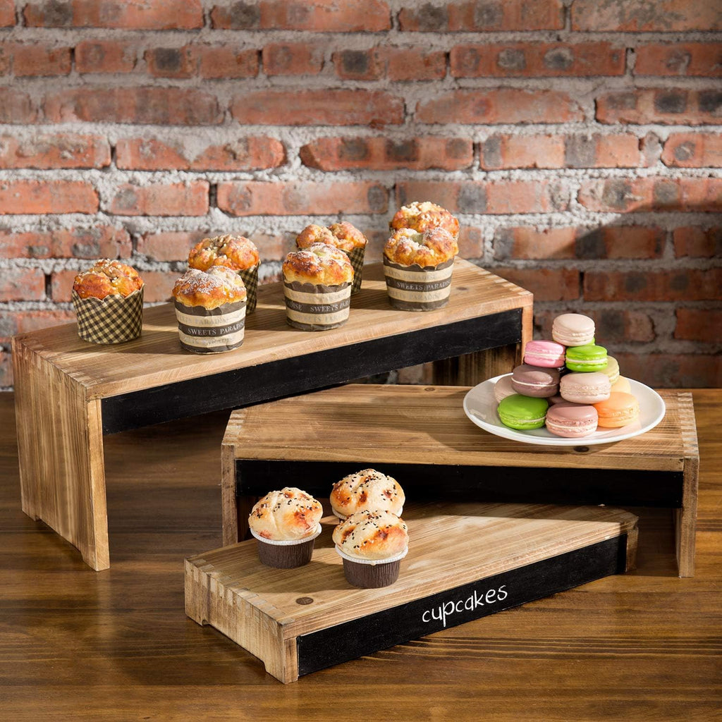 3-Tier Burnt Dark Brown Wood Cake Stand with Chalkboard Panels T732