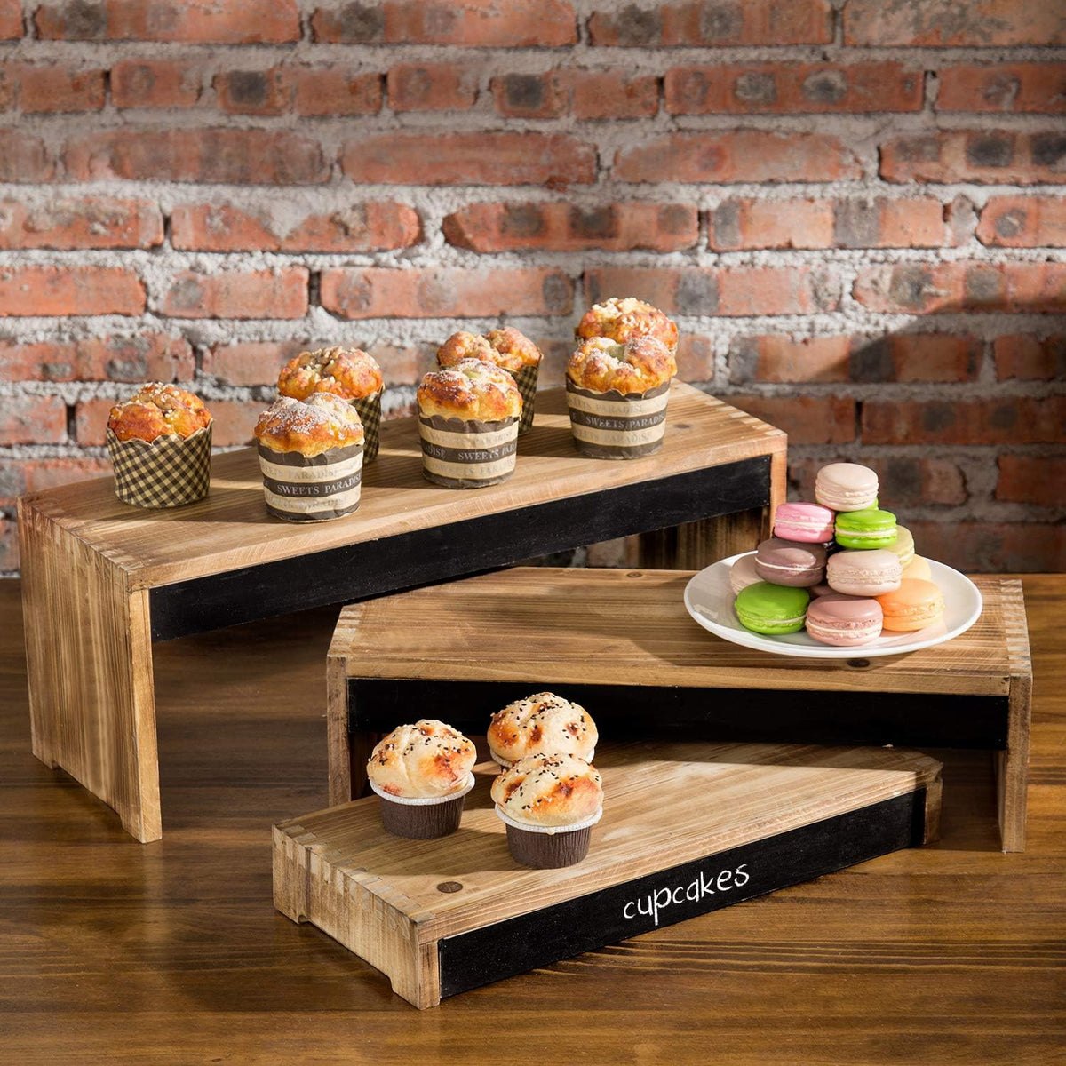 3-Tier Burnt Dark Brown Wood Cake Stand with Chalkboard Panels T732