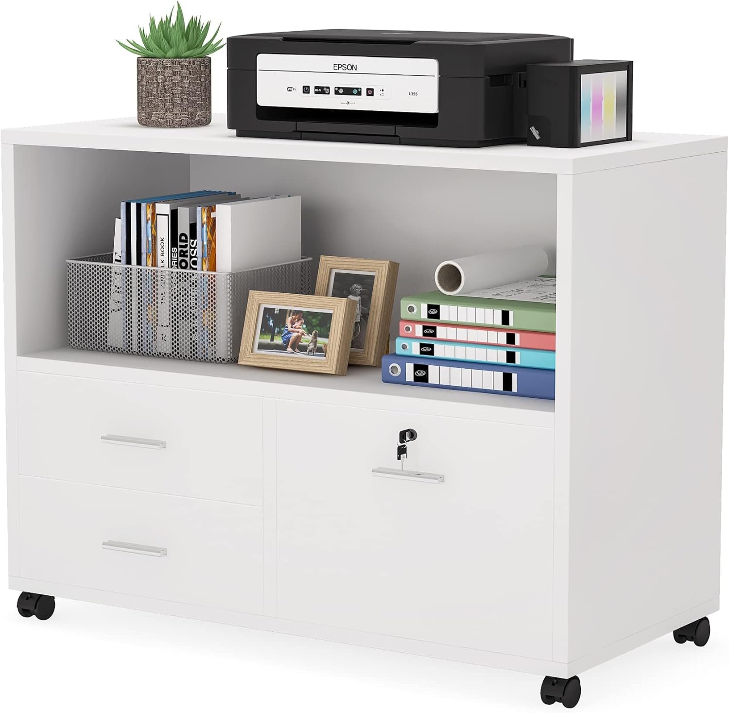 White 3 Drawer Mobile Filing Cabinet with Lock O11229