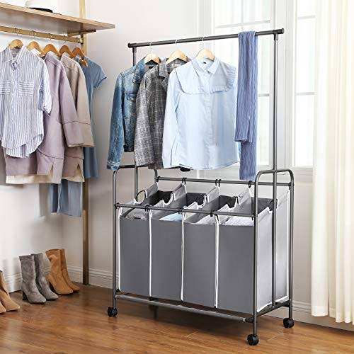 Gray 4-Bag Rolling Laundry Sorter with Hanging Bar B923025