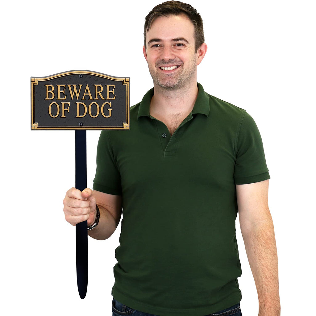 Beware of Dog Aluminum Metal Sign with Stake, Gold & Black, Pack of 2 N83735