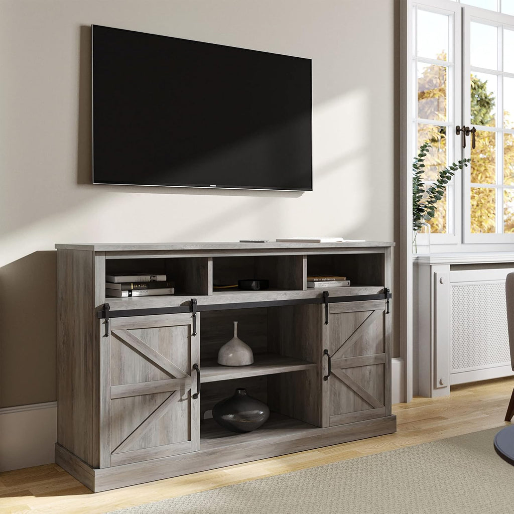 Stone Grey TV Stand with Sliding Barn Door and Storage Cabinets W98388