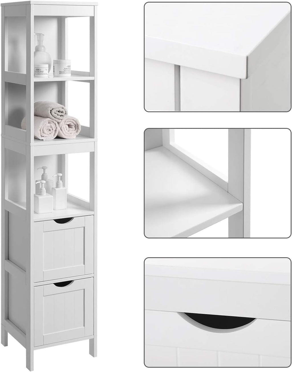 White Tall Cabinet with 2 Drawers and 3 Open Shelves A145