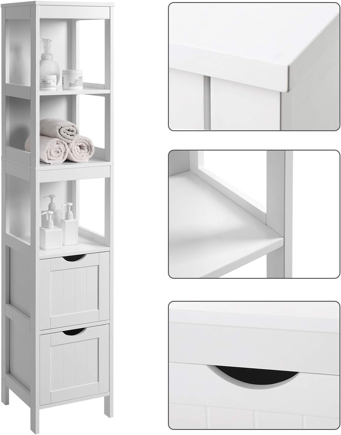 White Tall Cabinet with 2 Drawers and 3 Open Shelves A145