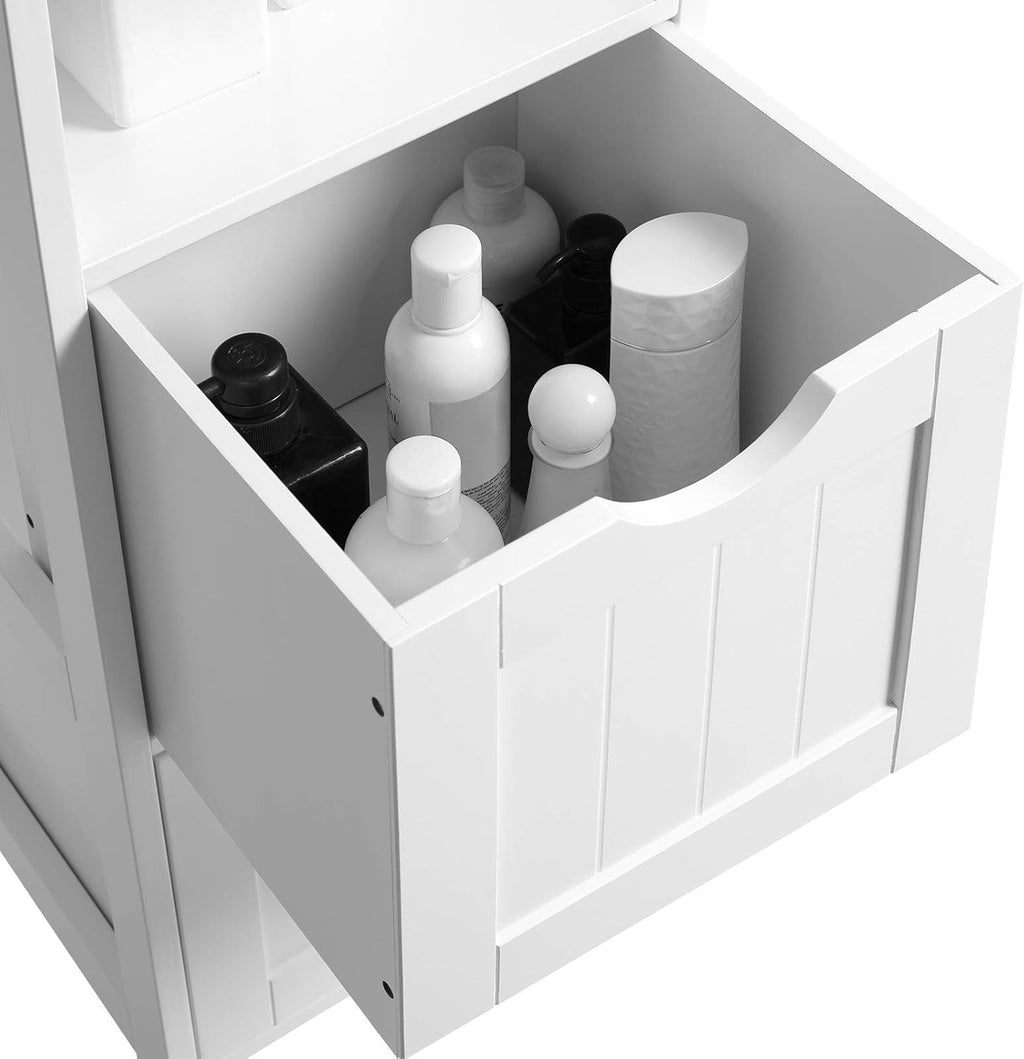 White Tall Cabinet with 2 Drawers and 3 Open Shelves A145