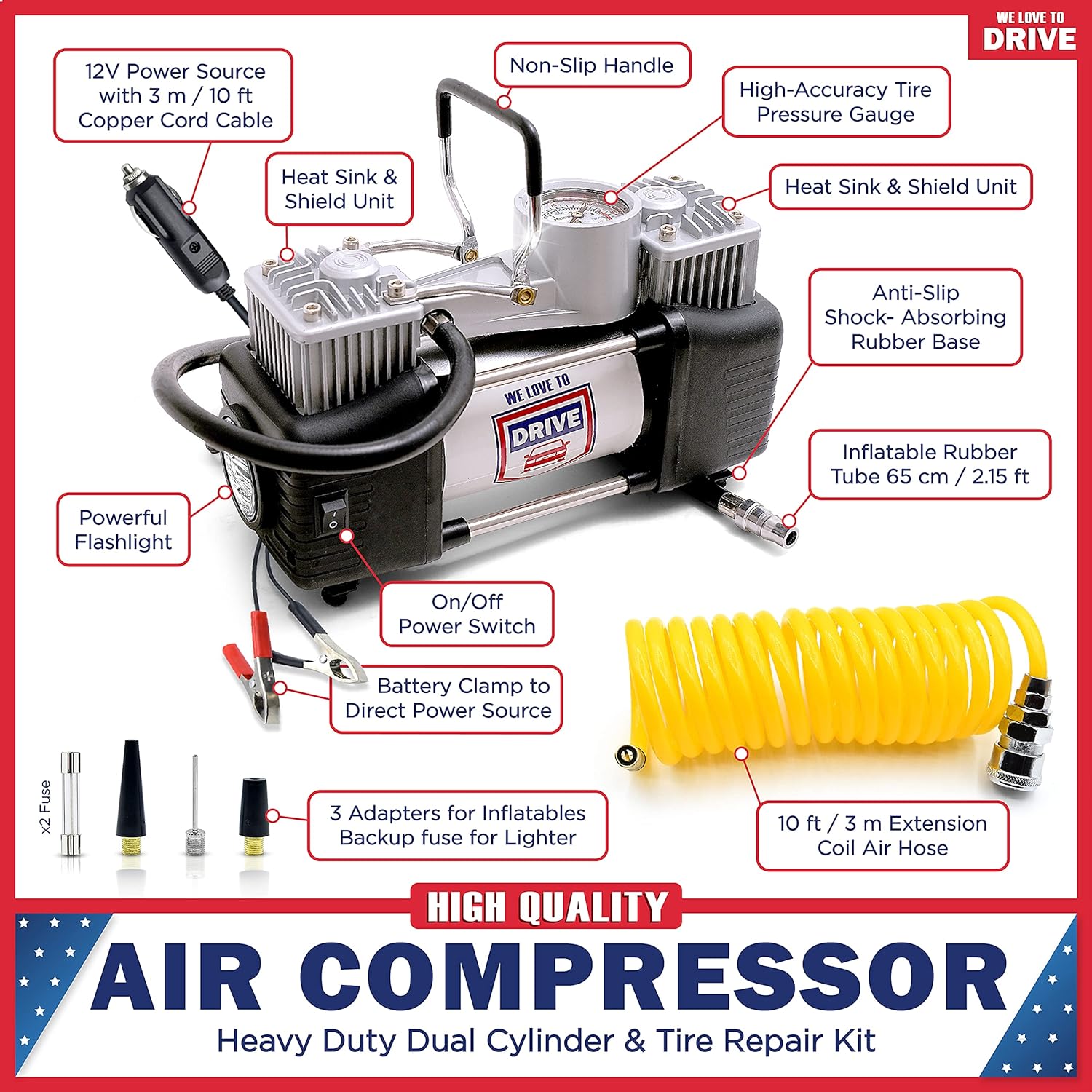 12V DC Portable Air Compressor Tire Inflator with 150 PSI Gauge & Carry Case F493765