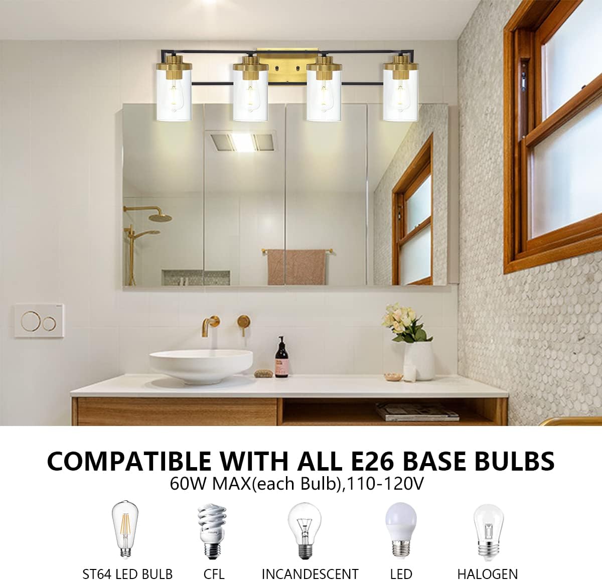 4 Light Brushed Brass and Black Metal Vanity Light with Clear Glass Shade C59513