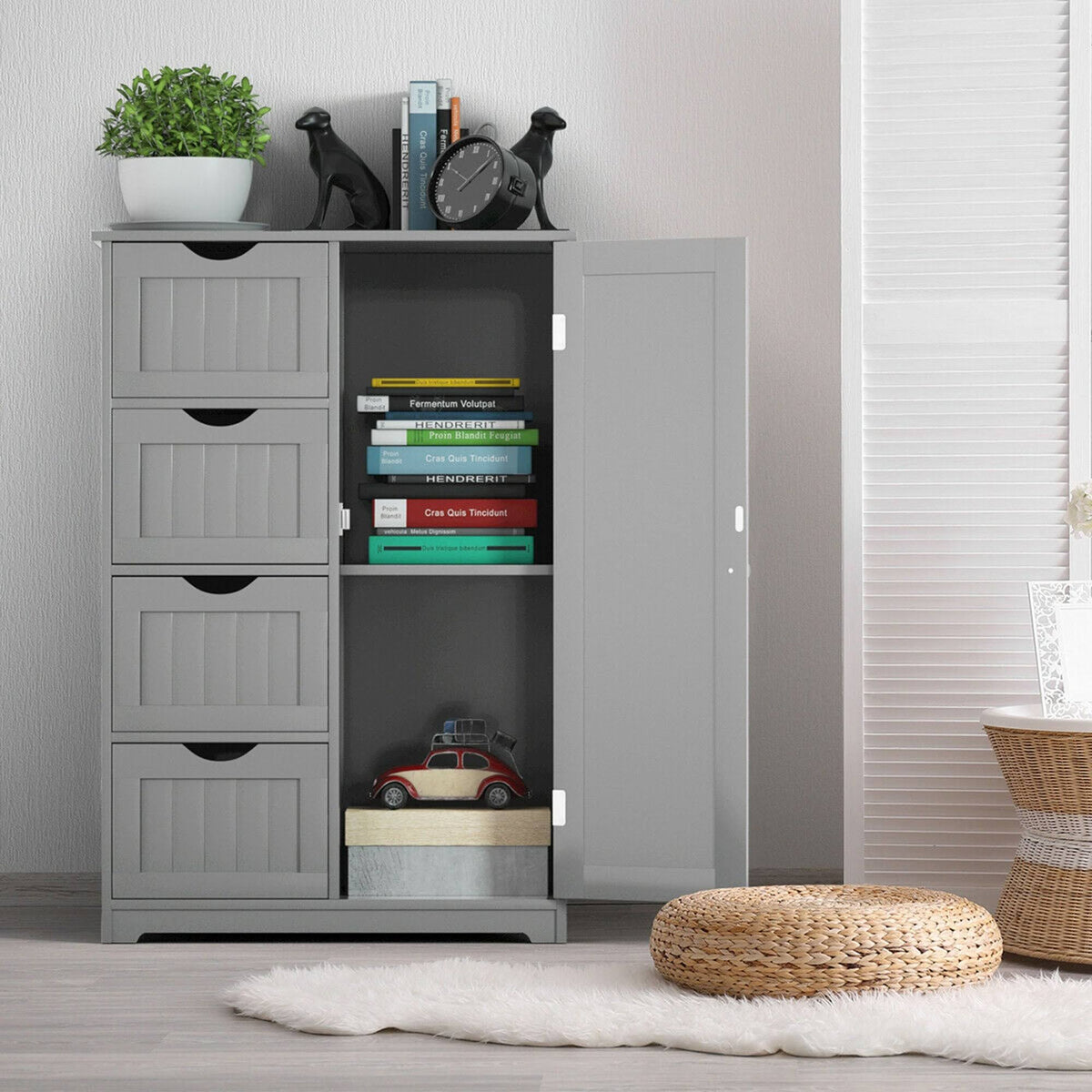 Grey Wooden 4 Drawer Bathroom Floor Cabinet E557