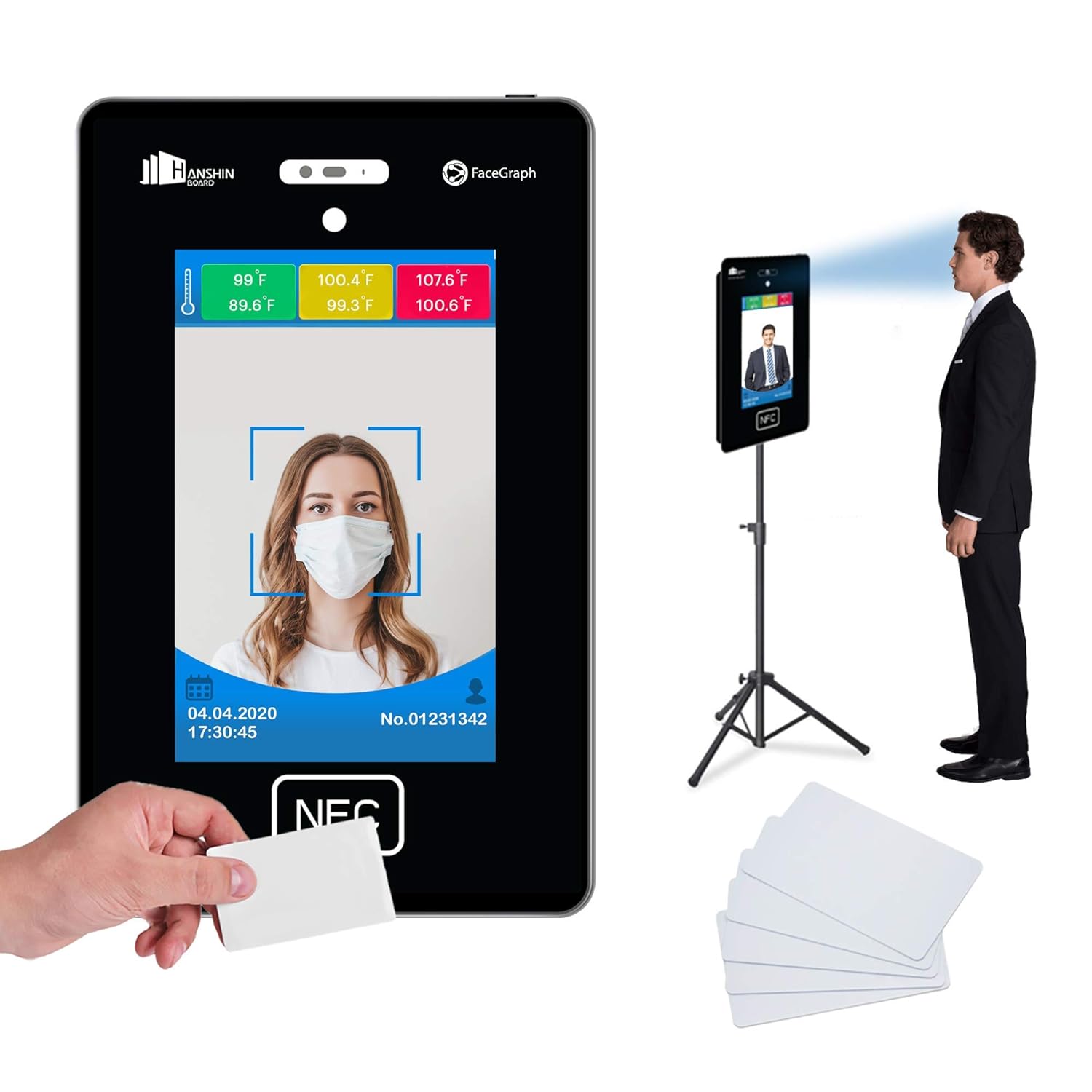 Temperature & Attendance Tracking Scanner Kiosk with Steel Floor Stand and 50 RFID Cards Z985