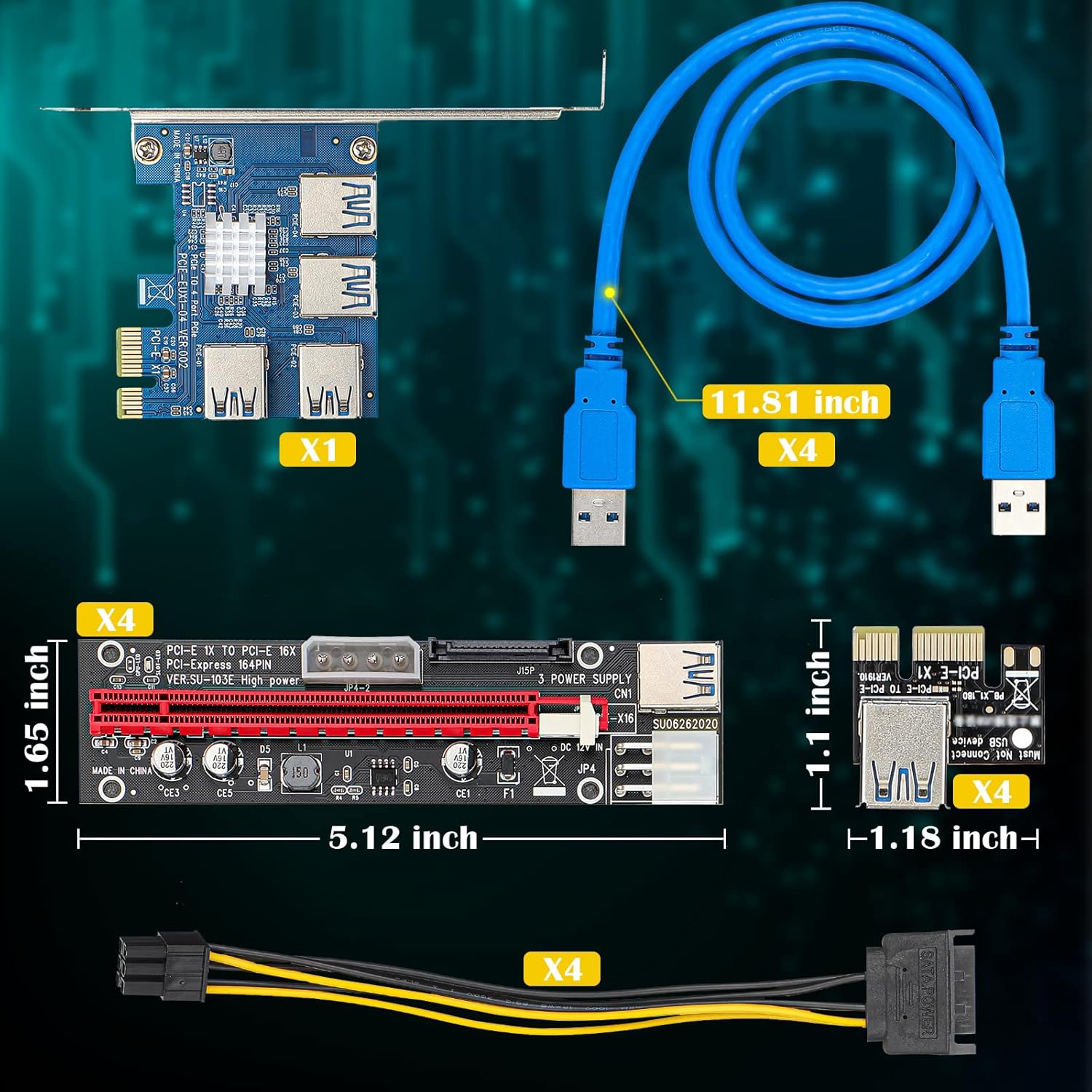 PCIE 1x to 4X Riser Card with 16x to 1x Express Adapter Set S98029