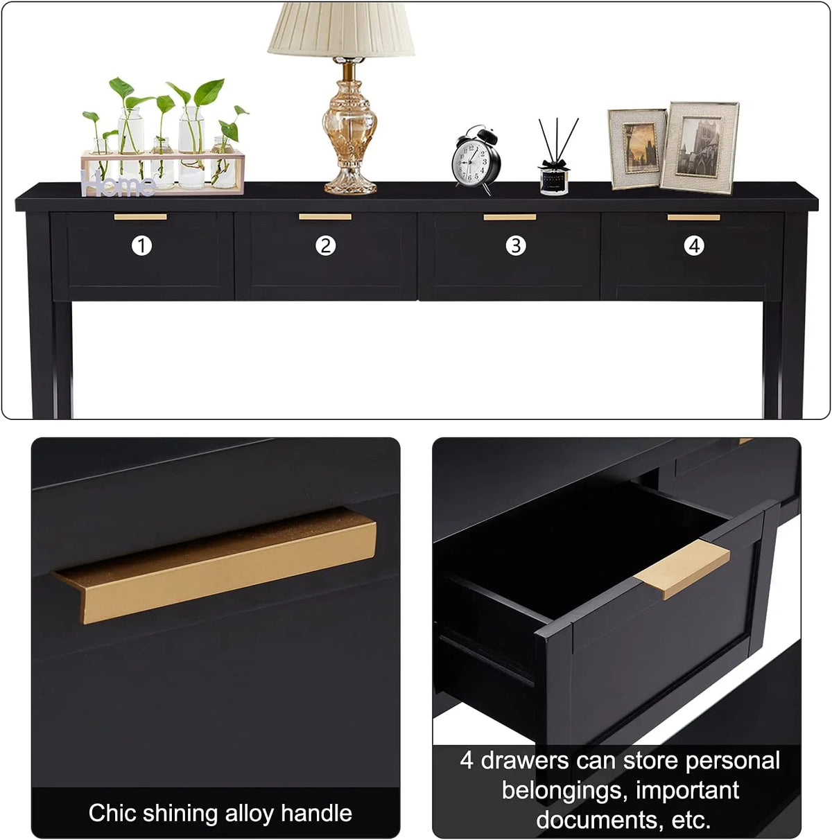 Modern Long Console Table, 2-Tier Sofa Table, Bright Black Finishing V8773
