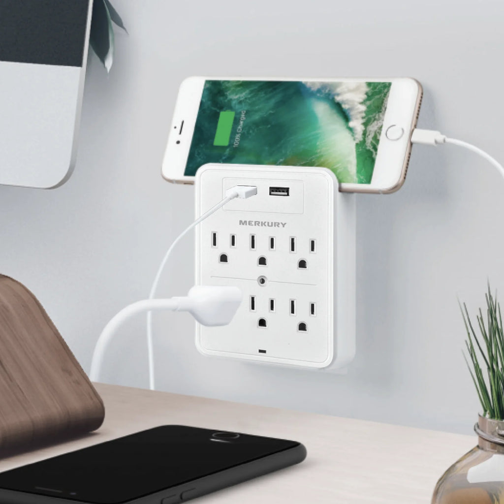 White 6-Outlet USB Wall Charger Extender with Phone Stand R90702