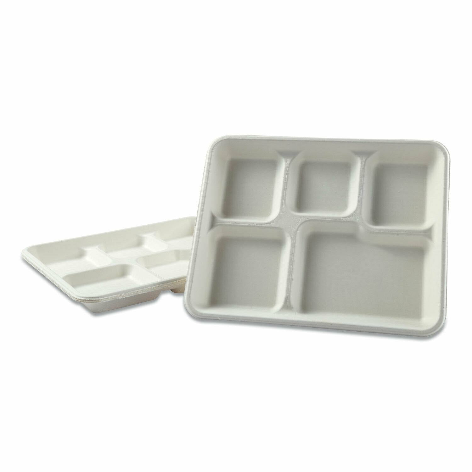 5-Compartment Bagasse Molded Fiber Dinnerware Tray, White, 500/Carton Y949