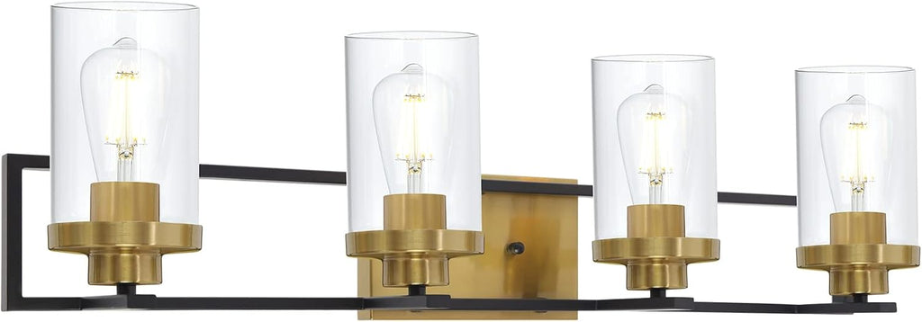 4 Light Brushed Brass and Black Metal Vanity Light with Clear Glass Shade C59513