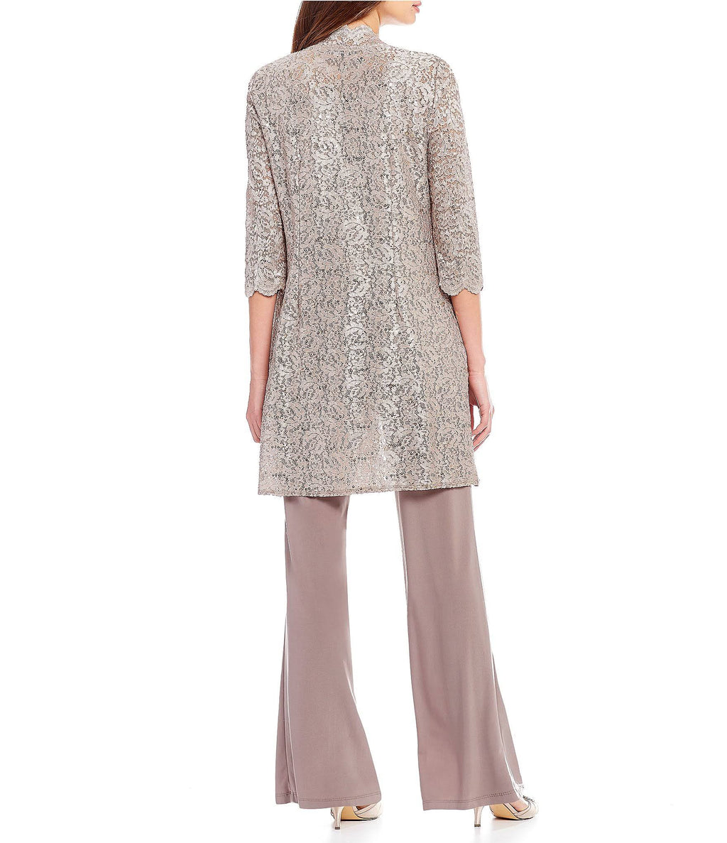 3-Piece Sequin Glitter Scallop Lace Duster Pant Set J37000