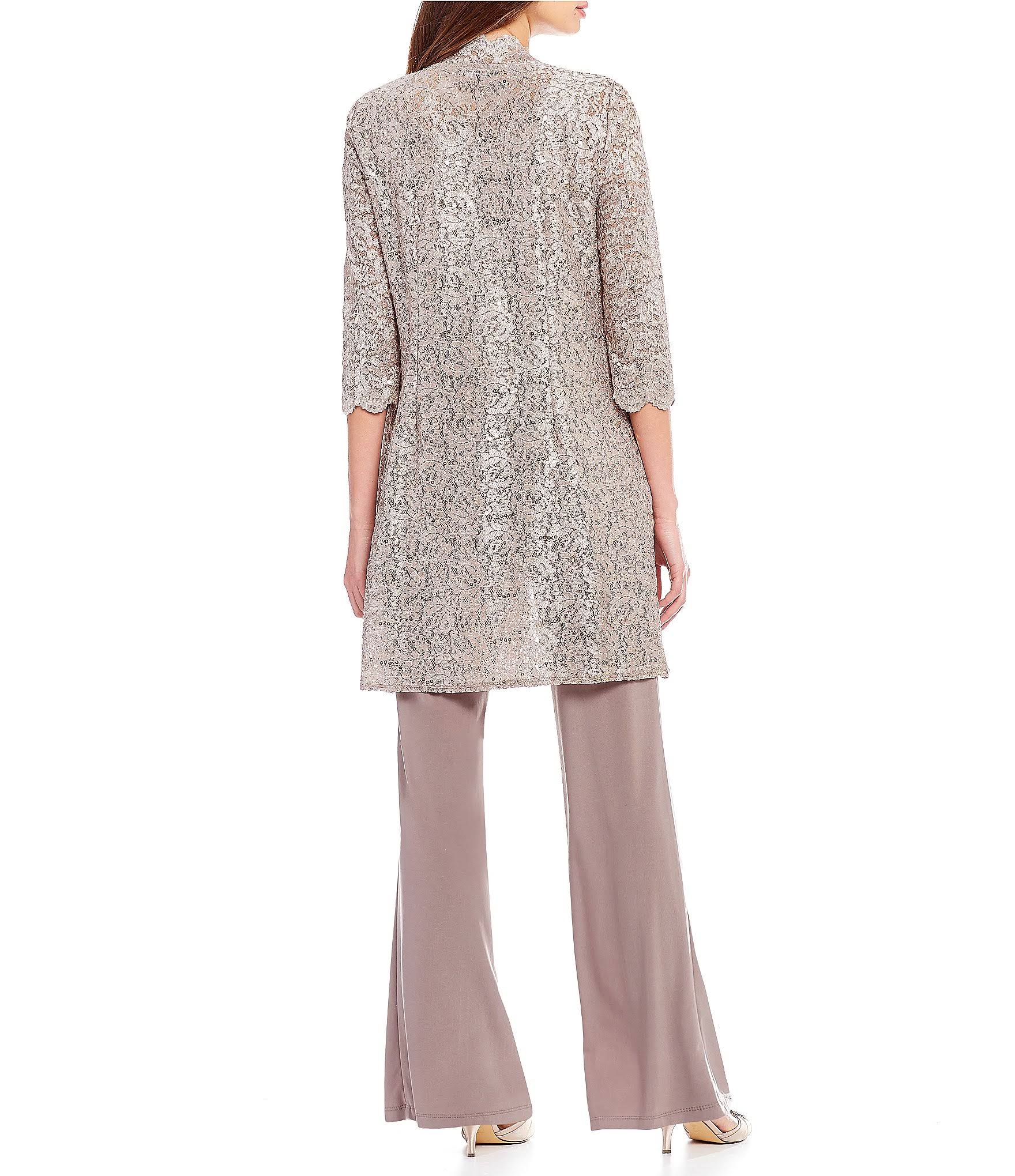 3-Piece Sequin Glitter Scallop Lace Duster Pant Set J37000