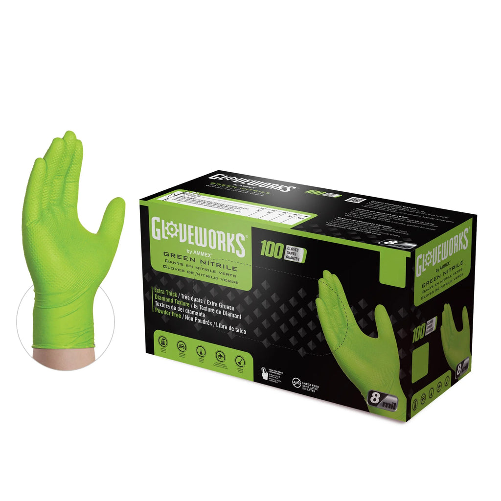 Green Nitrile Disposable Gloves 8 Mil, Large, 1000/Case F798