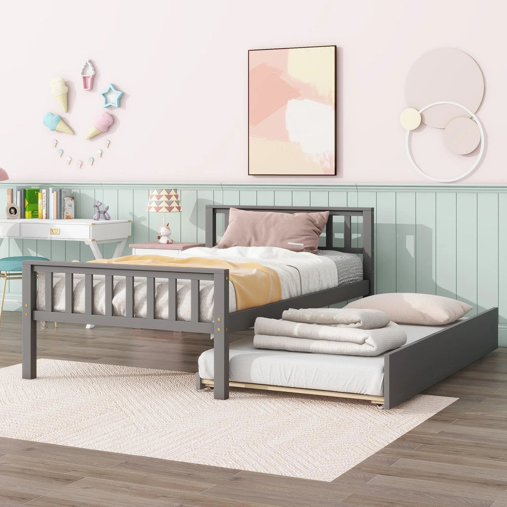 Gray Twin Size Wood Platform Bed with Trundle N3634