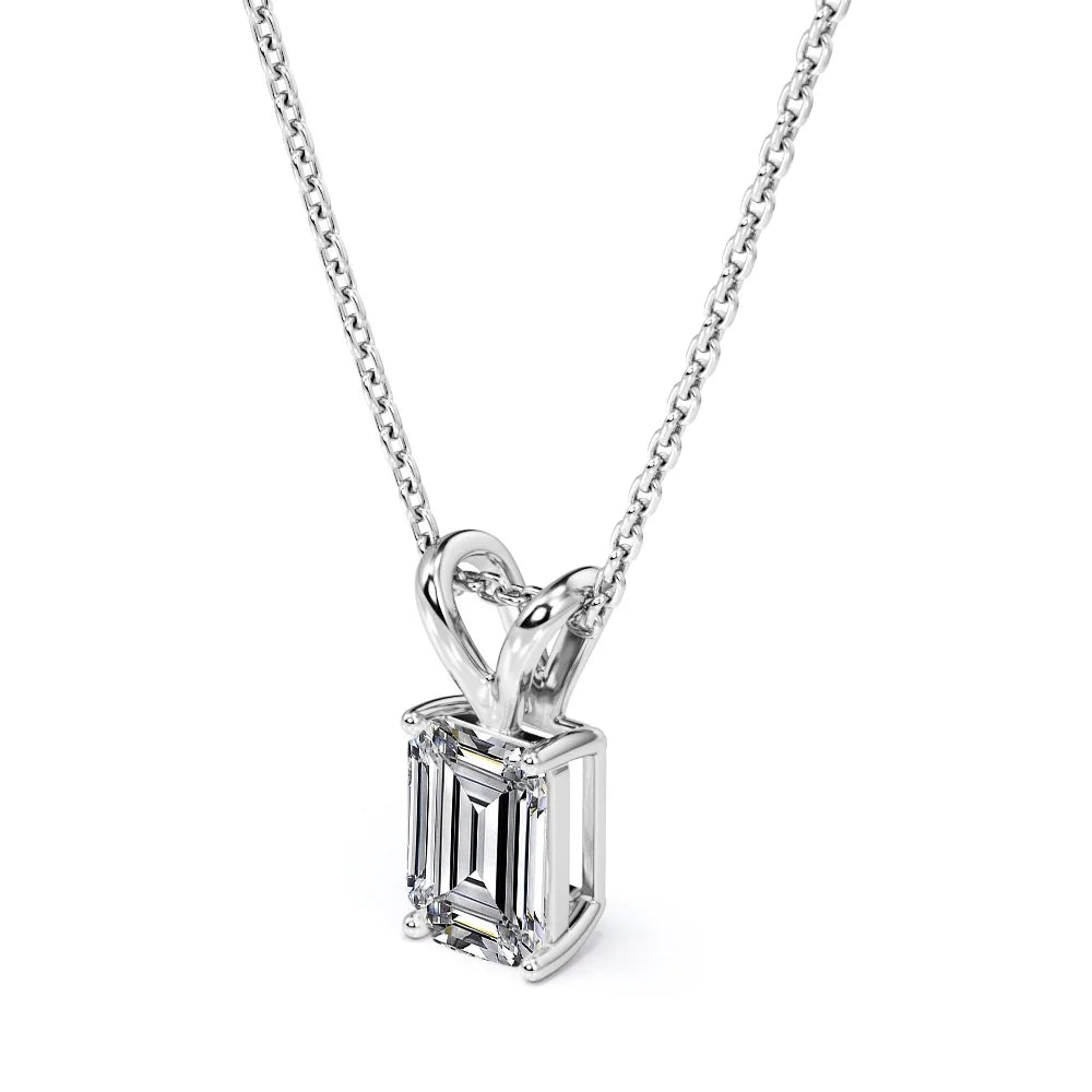 1 Carat Emerald Cut Moissanite Pendant Necklace In 18K White Gold Plating Over Silver N821