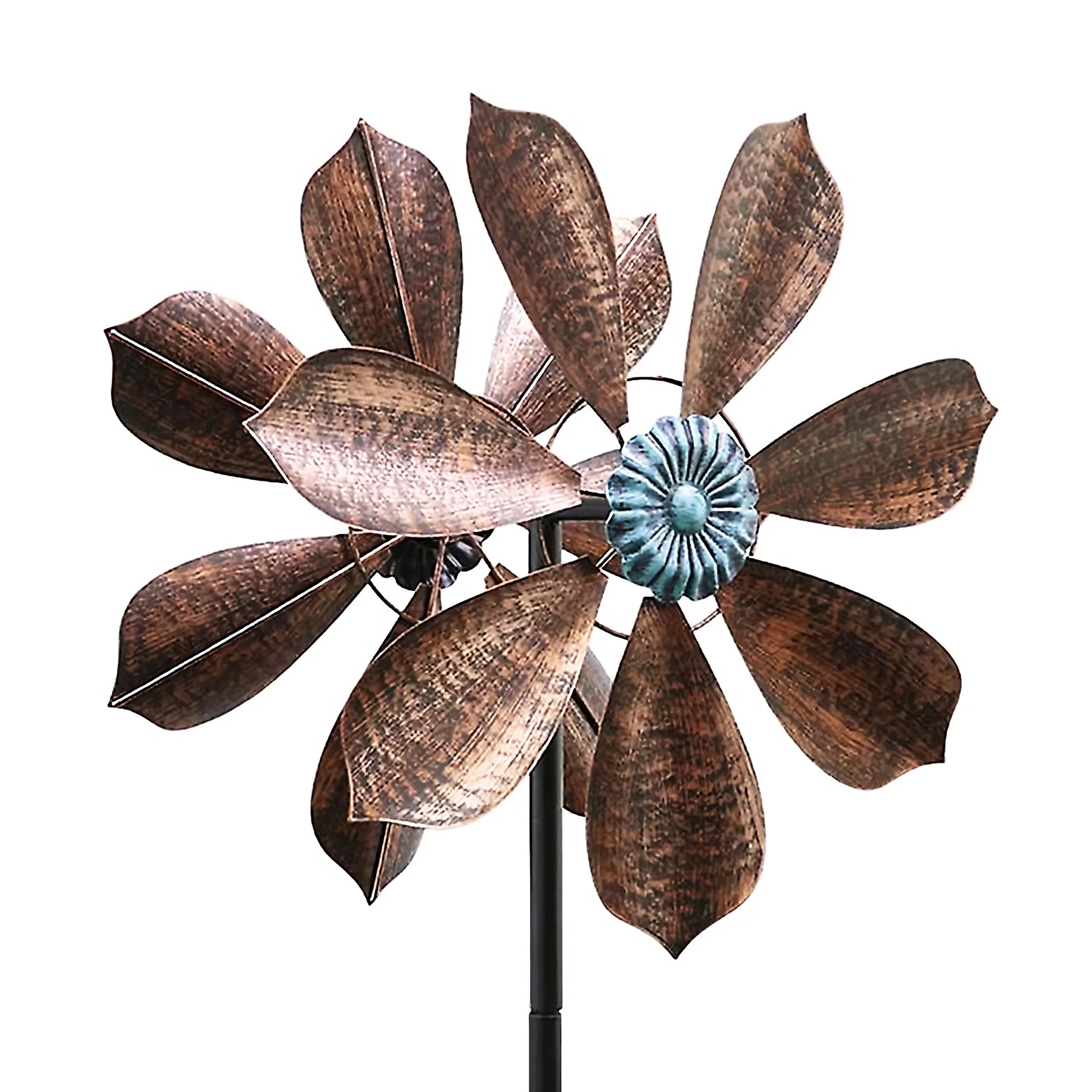 60 inch Metal Wind Spinner with Bronze Leaves and Blue Flower Core O61637