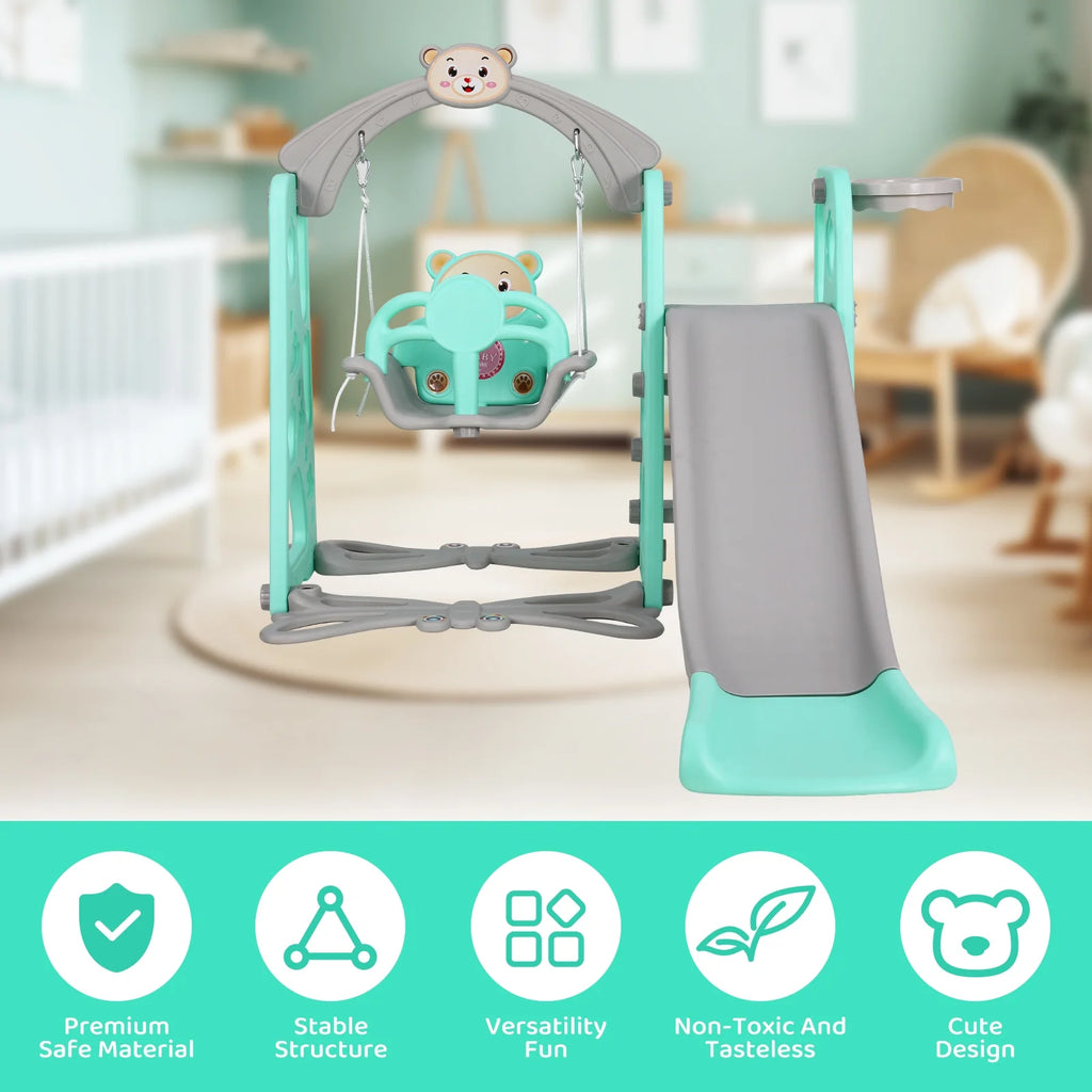 4 in 1 Kids Slide and Swing Set Toddler Play Climber with Basketball Hoop Indoor Outdoor Playground Q574999