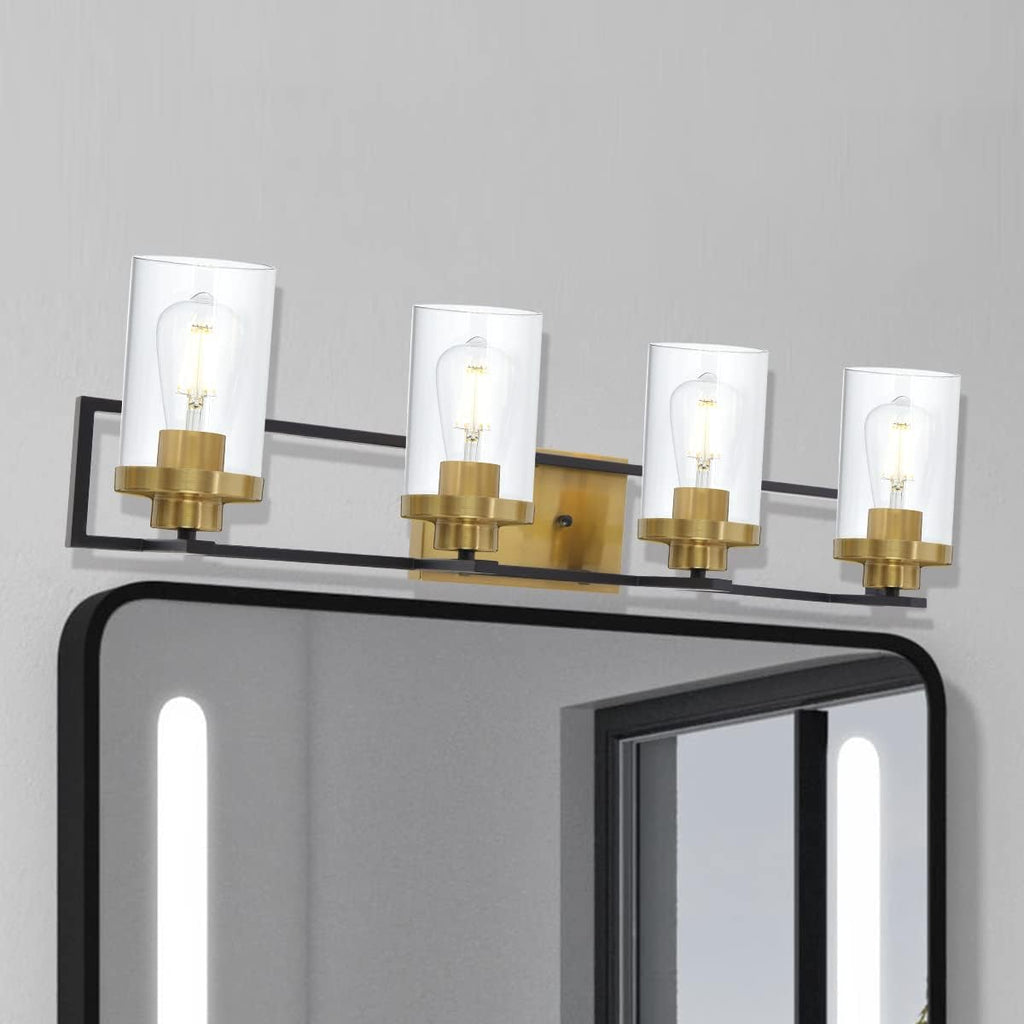 4 Light Brushed Brass and Black Metal Vanity Light with Clear Glass Shade C59513