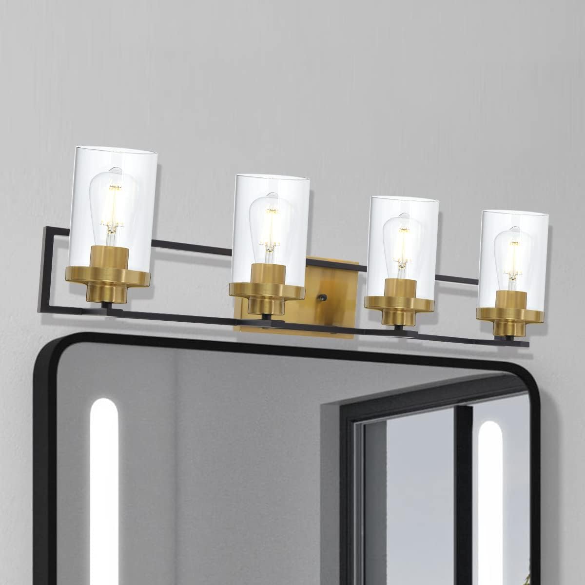 4 Light Brushed Brass and Black Metal Vanity Light with Clear Glass Shade C59513
