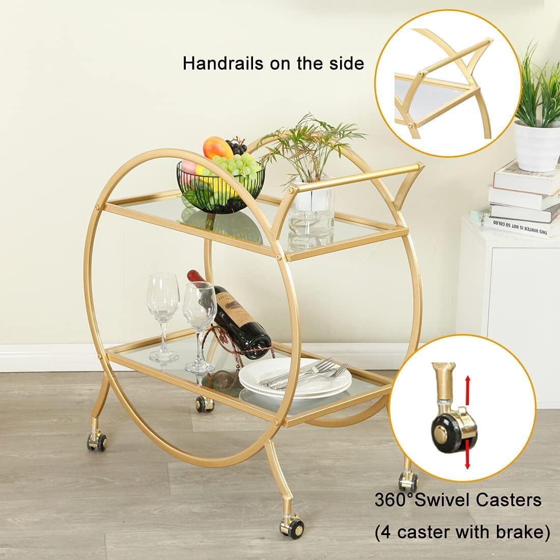 Gold Bar Cart with 2 Mirrored Glass Shelves E14441