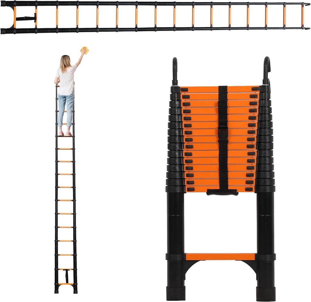 Telescoping Ladder 10.5 FT Aluminum with 2 Detachable Roof Hooks and 2 Triangle Stabilizers R80278