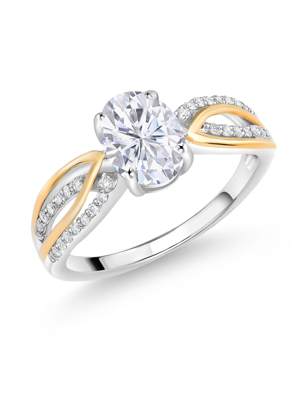 925 Sterling Silver 10K Yellow Gold White Moissanite Lab Grown Diamond Engagement Ring (1.64 Cttw, Oval 8X6MM) O939