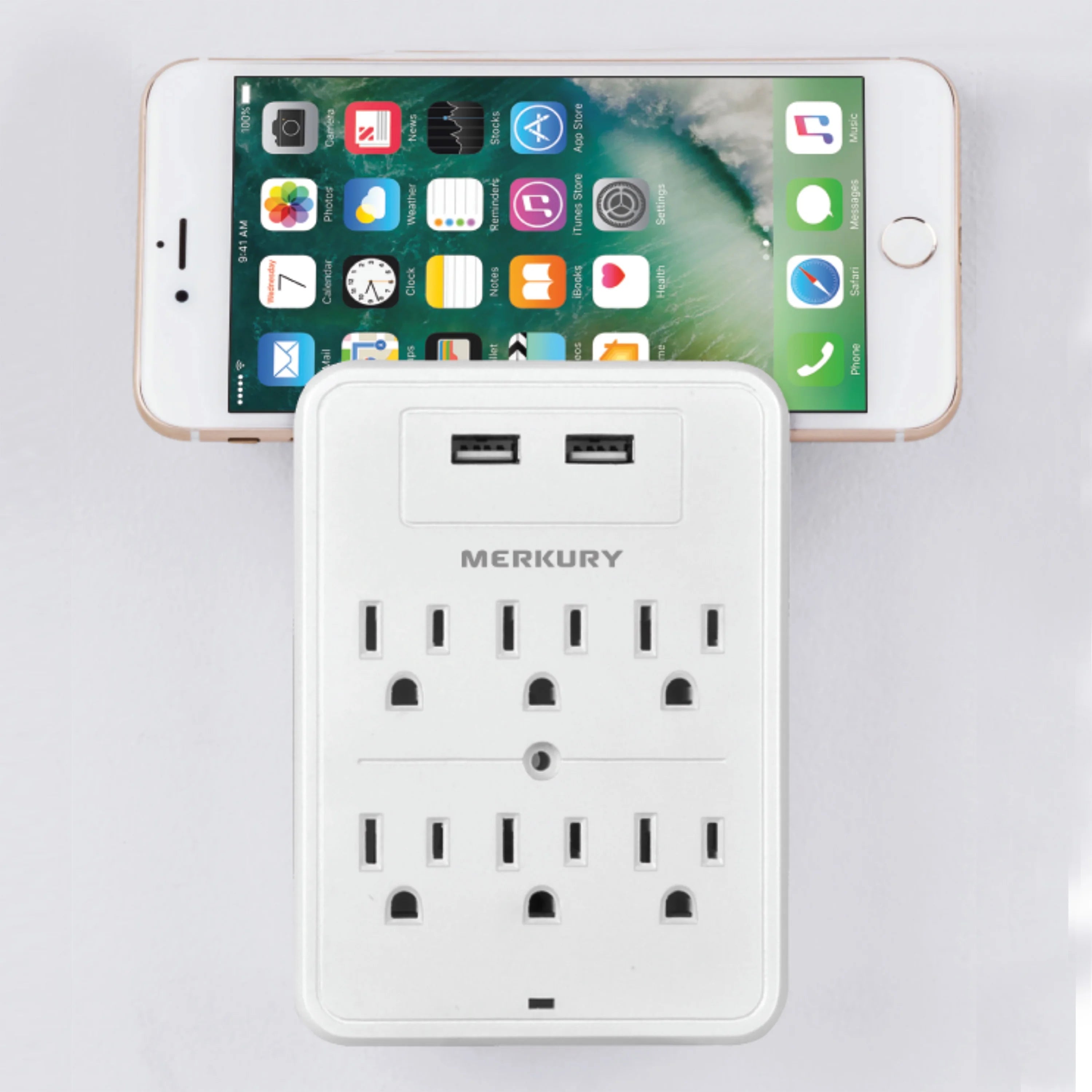 White 6-Outlet USB Wall Charger Extender with Phone Stand R90702
