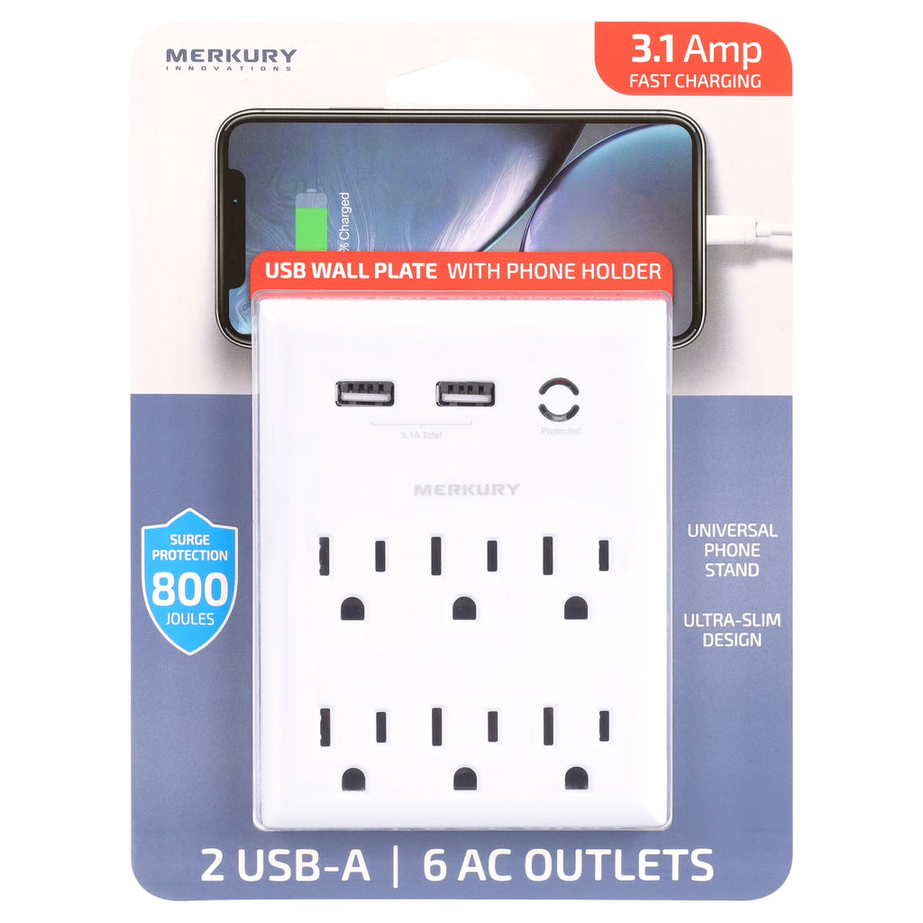 White 6-Outlet USB Wall Charger Extender with Phone Stand R90702