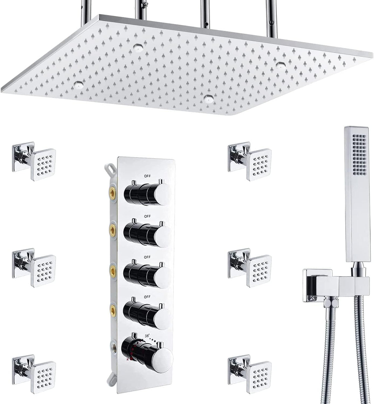 Brushed Gold Ceiling Mount Thermostatic Rain Shower System with Hand Shower J7308